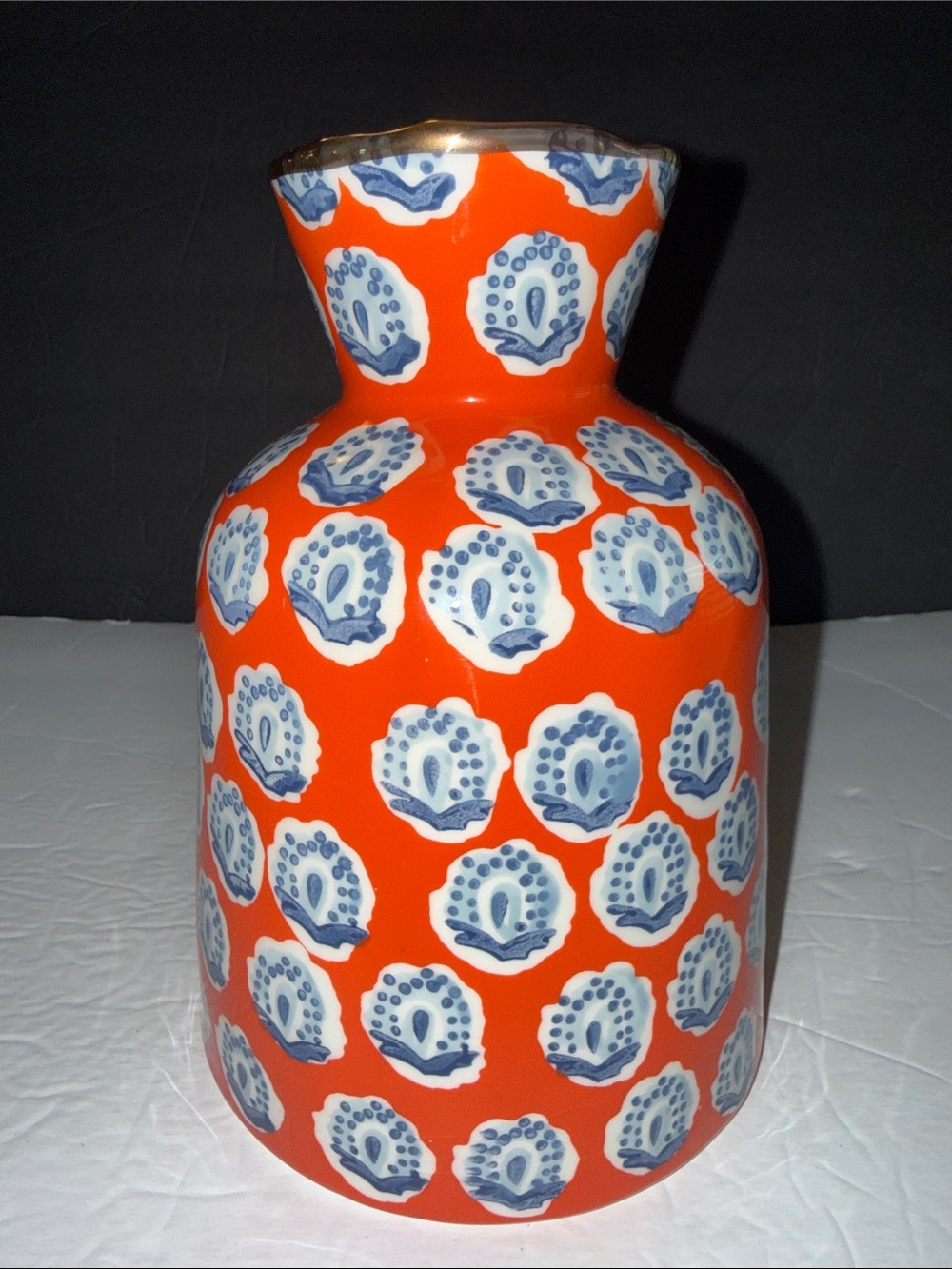 ANTHROPOLOGIE Elza Vase Hand Painted Gold Rim Orange With Blue Flowers Glazed - Picture 2 of 9
